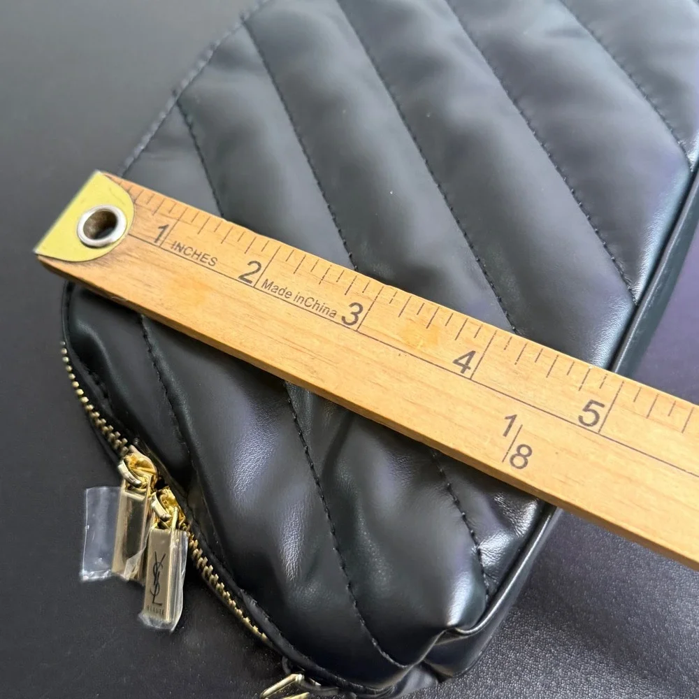YSL Black Quilted Cosmetic Pouch Gold Logo Makeup Organizer Small Travel Bag NEW